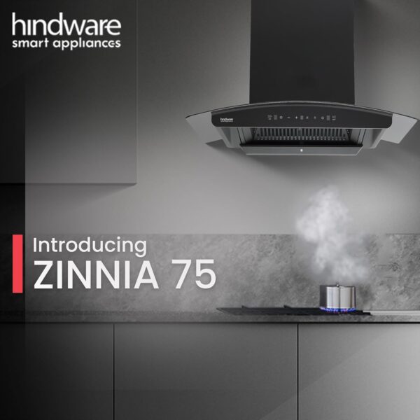 Hindware Zinnia Chimney, 75 cm kitchen chimney, filterless auto clean chimney, Hindware kitchen chimney, wall mounted chimney, black glass chimney, touch control chimney, 1350 m3/hr suction chimney, low noise chimney, LED light chimney, modern kitchen chimney