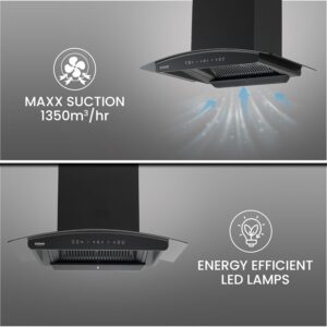 Hindware Zinnia Chimney, 75 cm kitchen chimney, filterless auto clean chimney, Hindware kitchen chimney, wall mounted chimney, black glass chimney, touch control chimney, 1350 m3/hr suction chimney, low noise chimney, LED light chimney, modern kitchen chimney