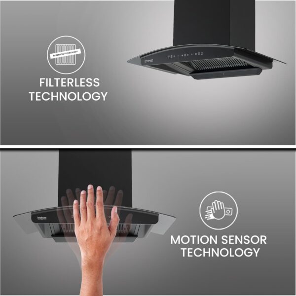 Hindware Zinnia Chimney, 75 cm kitchen chimney, filterless auto clean chimney, Hindware kitchen chimney, wall mounted chimney, black glass chimney, touch control chimney, 1350 m3/hr suction chimney, low noise chimney, LED light chimney, modern kitchen chimney