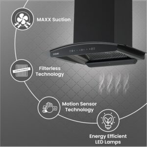 Hindware Zinnia Chimney, 75 cm kitchen chimney, filterless auto clean chimney, Hindware kitchen chimney, wall mounted chimney, black glass chimney, touch control chimney, 1350 m3/hr suction chimney, low noise chimney, LED light chimney, modern kitchen chimney
