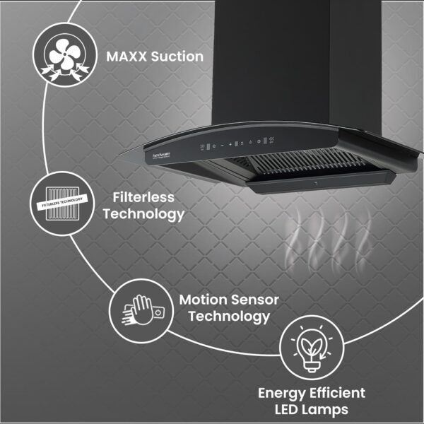 Hindware Zinnia Chimney, 75 cm kitchen chimney, filterless auto clean chimney, Hindware kitchen chimney, wall mounted chimney, black glass chimney, touch control chimney, 1350 m3/hr suction chimney, low noise chimney, LED light chimney, modern kitchen chimney
