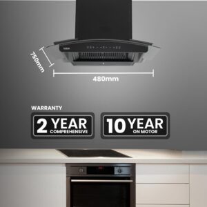 Hindware Zinnia Chimney, 75 cm kitchen chimney, filterless auto clean chimney, Hindware kitchen chimney, wall mounted chimney, black glass chimney, touch control chimney, 1350 m3/hr suction chimney, low noise chimney, LED light chimney, modern kitchen chimney