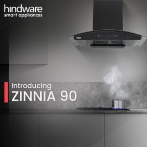 Hindware Zinnia Black 90 cm 1350 m³/hr Filterless Auto-Clean Chimney