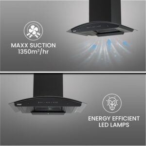 Hindware Zinnia Black 90 cm 1350 m³/hr Filterless Auto-Clean Chimney