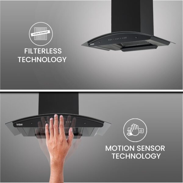 Hindware Zinnia Black 90 cm 1350 m³/hr Filterless Auto-Clean Chimney