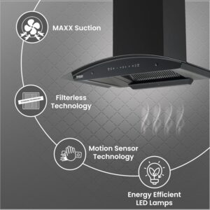 Hindware Zinnia Black 90 cm 1350 m³/hr Filterless Auto-Clean Chimney